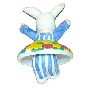 Vintage Rabbit Patch Ceramic Bunny Basket w Bow Lid Trinket Box w Original Box